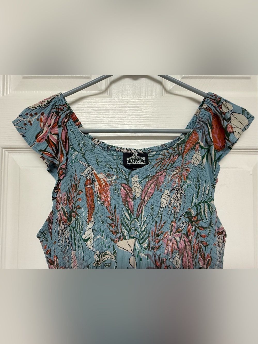 Angie Blue Floral Smocked Cap-Sleeve Mini Dress Large - Picture 4 of 6